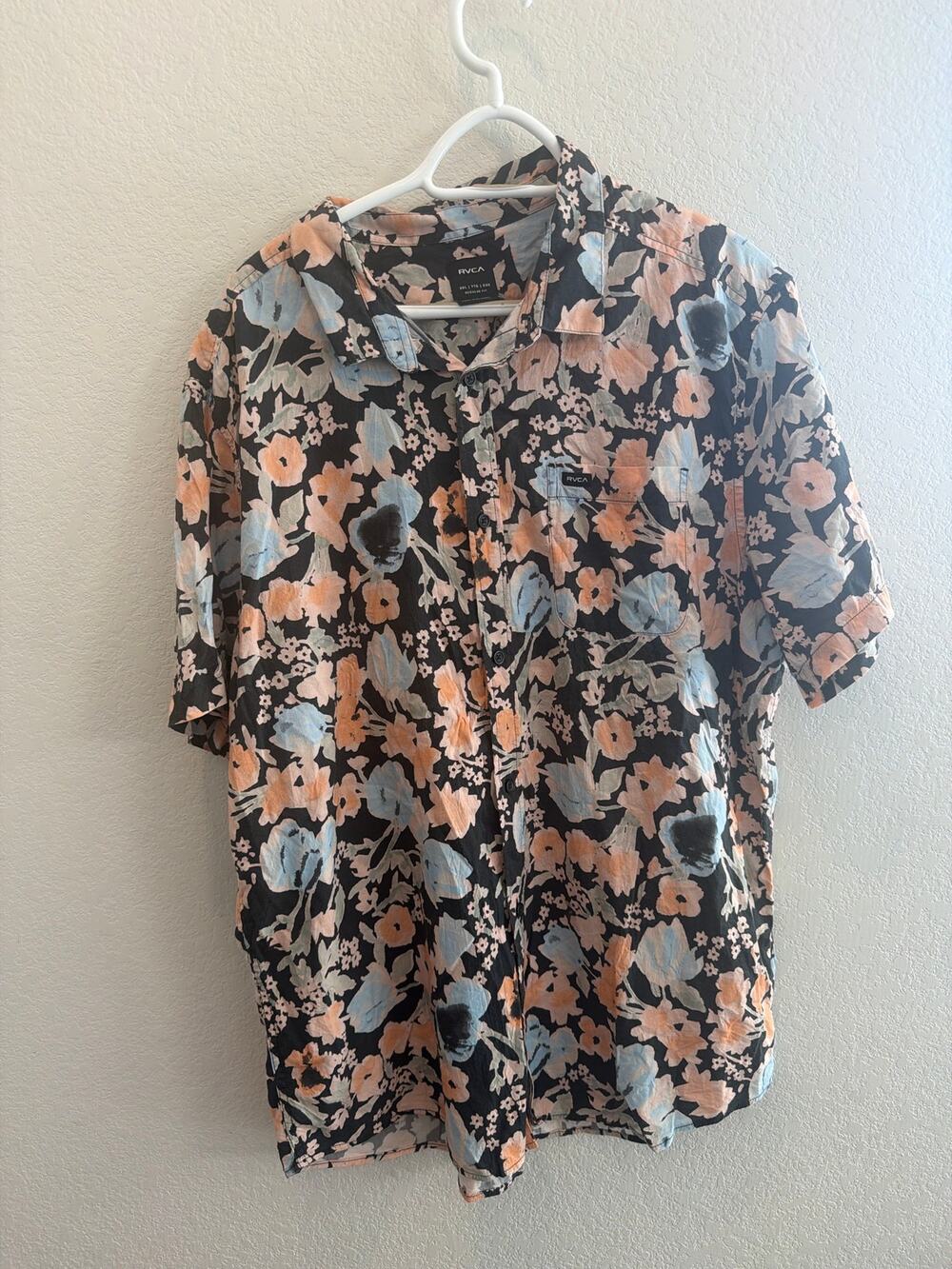RVCA Men’s XXL Floral Short Sleeve Button Up Shirt Black Blue Peach